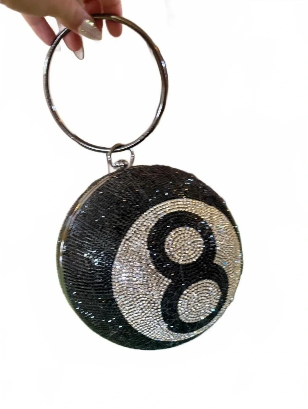 Black and Silver Rhinestone 8 Ball Shaped Evening Bag with Metal Handle